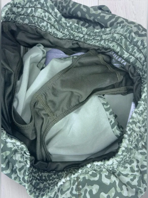 ATHLETA Sage Green Leopard Print Running Shorts | Dolphin Hem Lined - Image 8