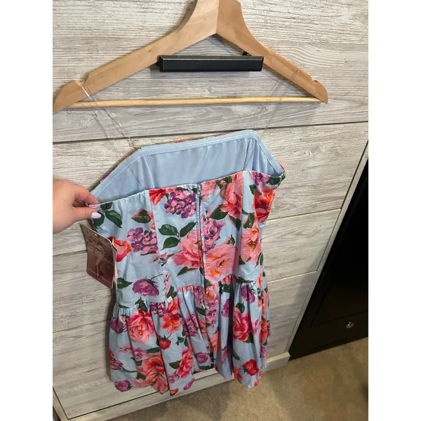 Emerald Sundae Floral Strapless Bubble Hem Mini Dress Light Blue Pink NWT - Image 4
