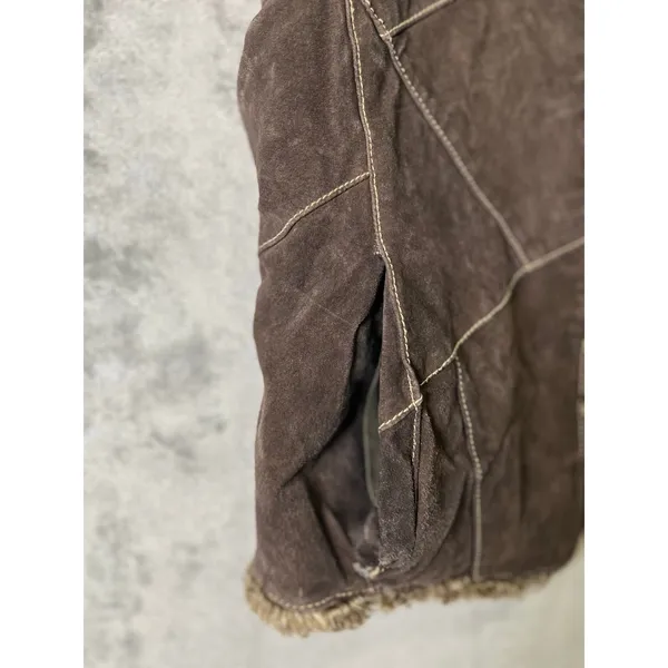 Vintage Y2K Brown Leather PatchWork Moto‎ Vest Grunge Boho Cozy Layered Jacket M - Image 3