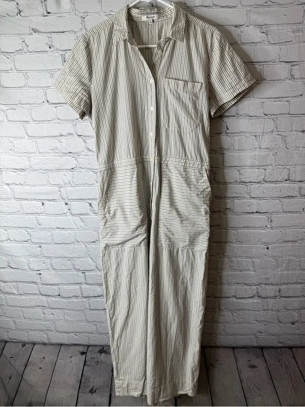 Madewell Cream and Navy Striped Button-Up jumpsuit wide leg size large - Image 3