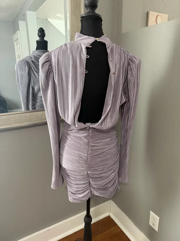 Sabina Musayev x Revolve Maya mini dress lavender metallic foil pleated small - Image 5
