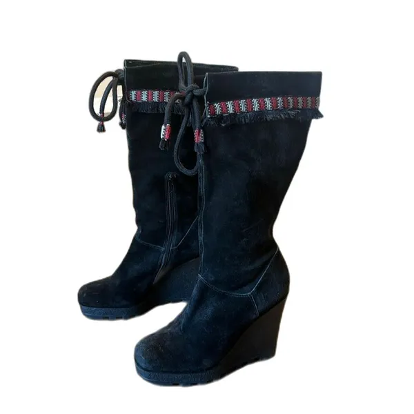 Diane Von Furstenberg Women Jimson Suede Wedge Boho Tribal Fringe Boots‎ Size 7 - Image 3