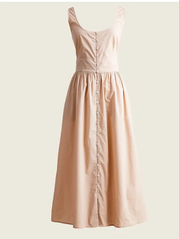 J Crew Button-front 100% cotton poplin midi dress smocked back sleeveless tan 4 - Image 2
