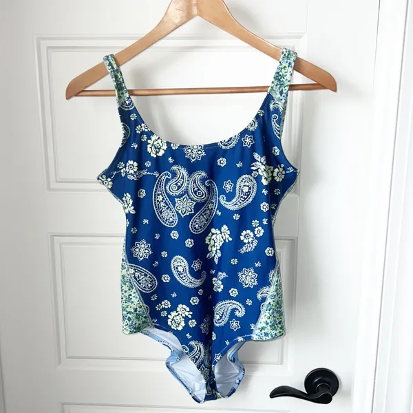 Aerie Blue Paisley Bandana Pattern One Piece Full coverage Bathing Suit Small - Image 2