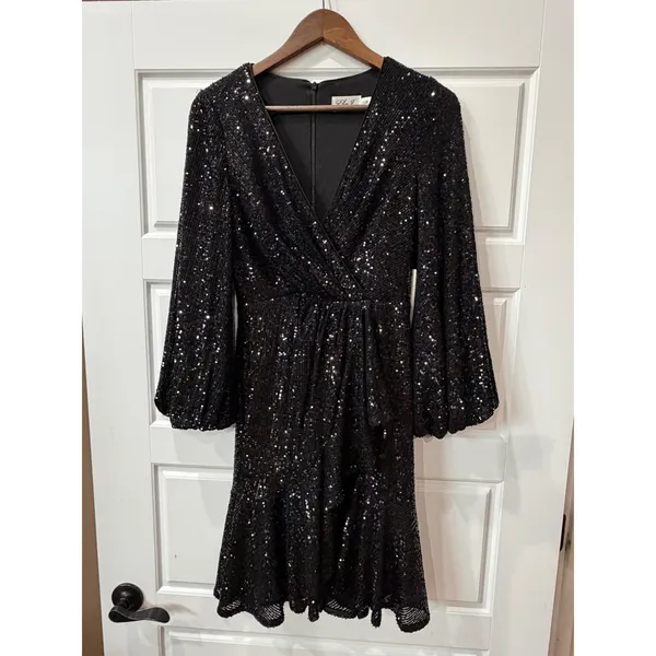 Eliza J Black Sequin Long‎ Sleeve Mini Wrap Dress Size 4 Glam Party Holiday - Image 2