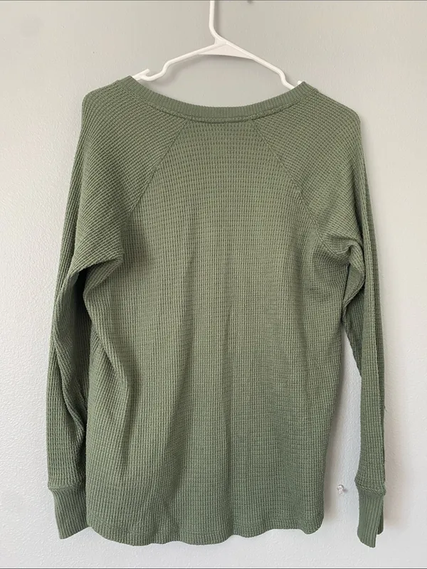 American Eagle Outfitters Olive Green Waffle Henley Long Sleeve Top - Image 5