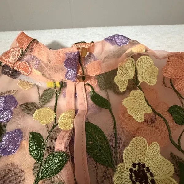 Finesse Floral Embroidered Sheer Mesh Mock Neck Mini Dress Peach Multi Size L - Image 7