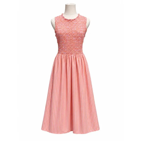 LOFT Striped Poplin Midi Dress Women’s M Pink Orange Sleeveless Smocked Preppy - Image 6
