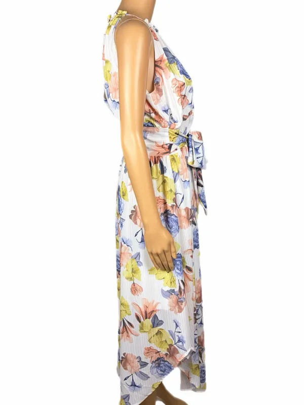 NSR Floral High-Low Midi Dress With Slit Back, Attached Tie, Made in USA Small - Image 3