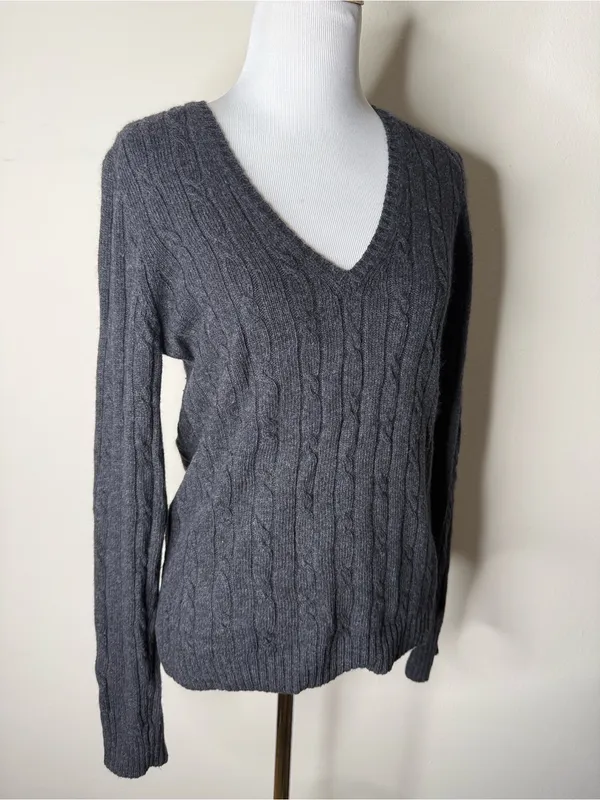J. Crew Vintage Gray Cable Knit V-Neck Sweater - Image 2