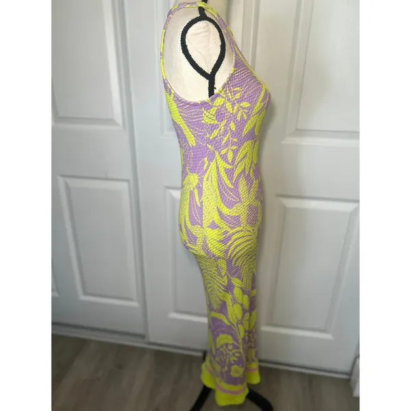 Farm Rio Anthropologie Maxi‎ Dress Tropical Smocked S Purple Lime Green Floral - Image 2