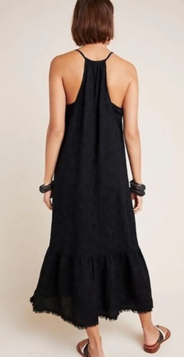 Anthropologie black linen maxi dress size XS ruffle oversize vacation minimalist - Image 2