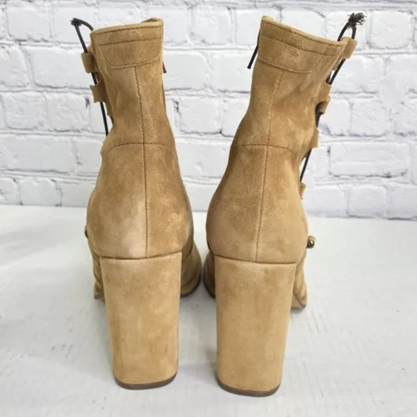 Free People Cecile Ankle Boots Suede Lace Up Side Block‎ Heel Tan Camel Size 41 - Image 6