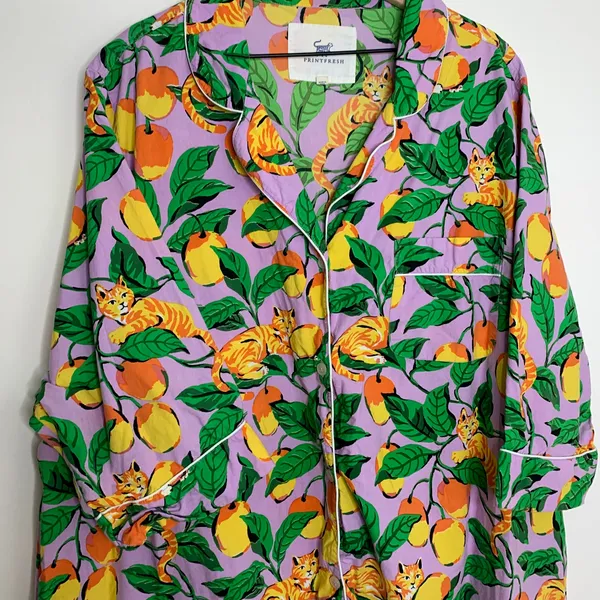 Printfresh Orange Cat & Fruit Purple Long Sleeve Pajama Rare Womens Dress 3XL - Image 9