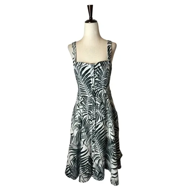 Hutch Aidy Dress‎ Womens 10 Black Ivory Palm Print Button Front Knee Length - Image 3