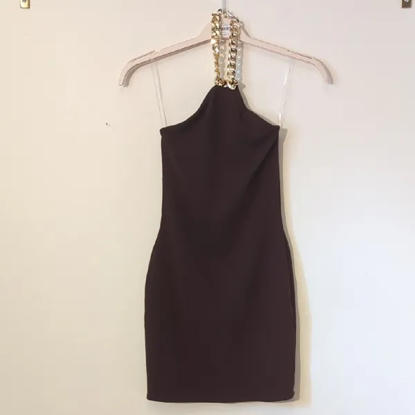 NWT Nookie Scandal Mini Sz S Chocolate Brown Chain Halter Party Mini Dress Sexy - Image 3