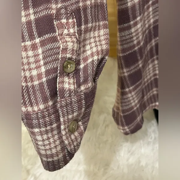 American Eagle purple cream plaid hoodie button-down flannel shirt top woman’s L - Image 4