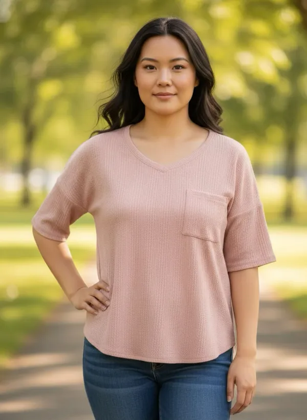 👚 Pink Rose Short Sleeve Waffle Knit Top w/ Pocket - Image 9