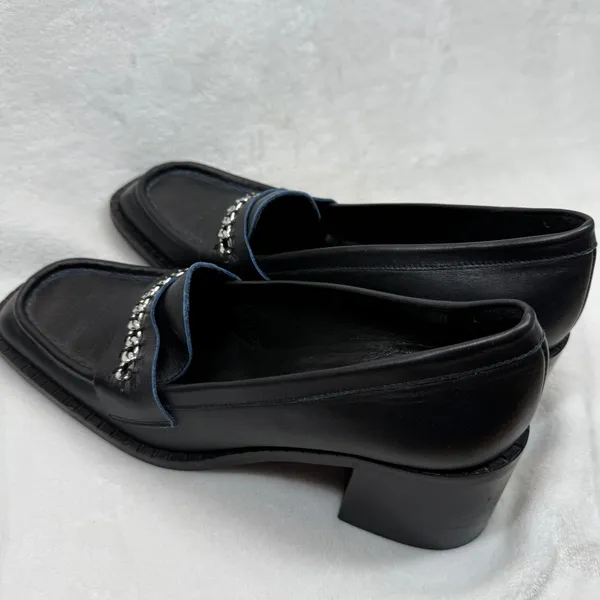 Free People Hayden Black Leather‎ Heeled Loafers Chain Accent Size 41 US 10 - Image 8