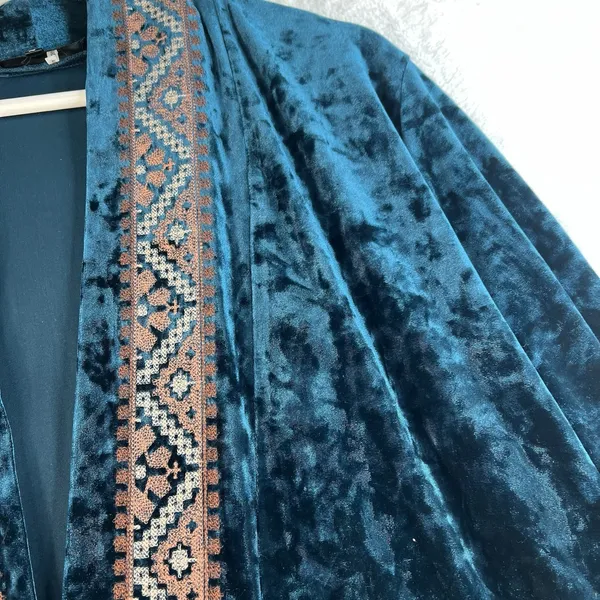 Boho Large L Crushed Velvet Kimono Embroidered Teal Open Front ANDREE By Unit - Image 6