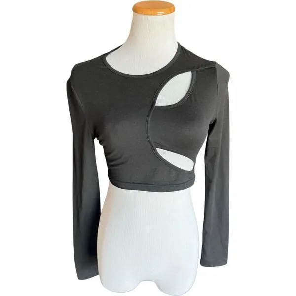 Womens Shein Icon Black Hollow Out Long Sleeve Crop Top Blouse - Sz S - Image 2