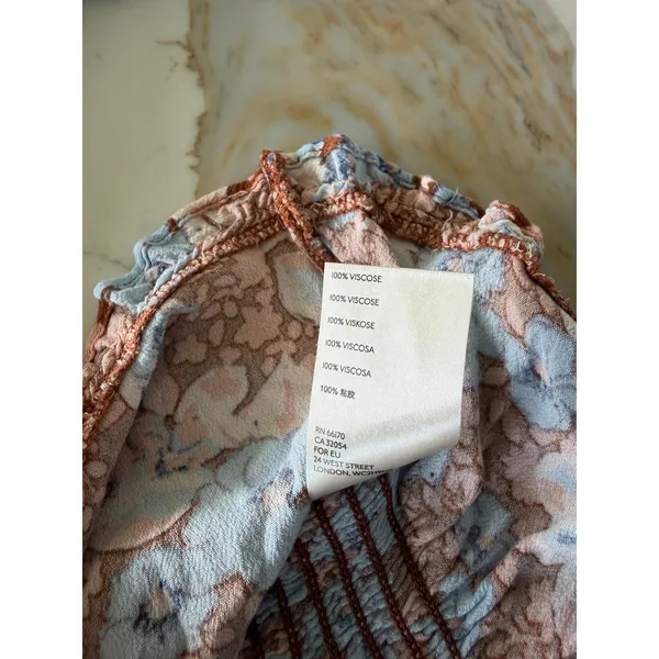 Free People Floral Ruffle Smocked Back Blouse Blue Brown‎ Small - Image 7