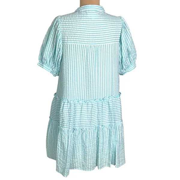 &merci Aqua White Striped Seersucker Tiered Mini Dress S Half Button Puff Sleeve - Image 6