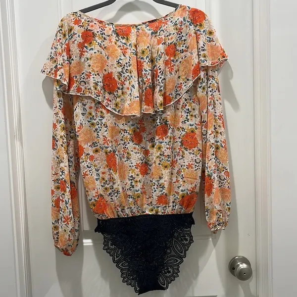 Free People Intimately Say It To Me Bodysuit Long Sleeve Orange Floral XS - Image 9