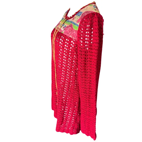 Free People Red Crochet Wool Tunic Top Floral Quilted Yoke Sz M Cottagecore Boho - Image 4