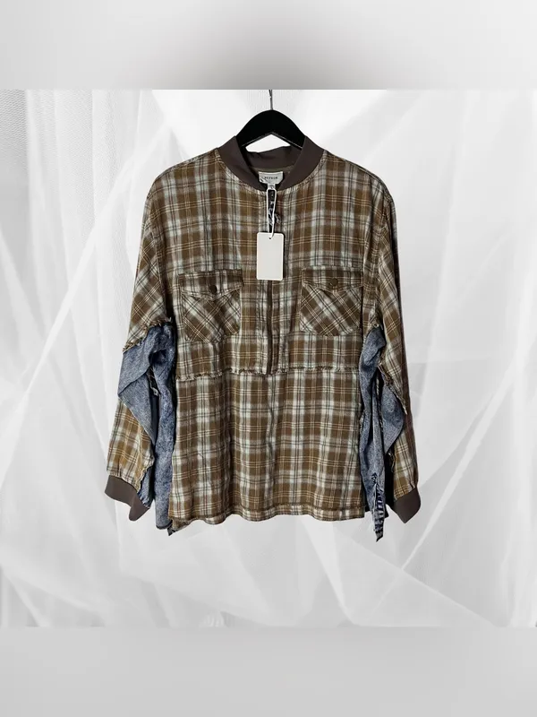 Hey son mixed print plaid denim oversized half zip shirts jacket western grunge - Image 2