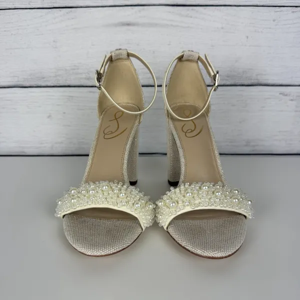 SAM EDELMAN Yaro Perla Beaded Block Heel Sandals Ivory US Size 7.5 Wedding Party - Image 3