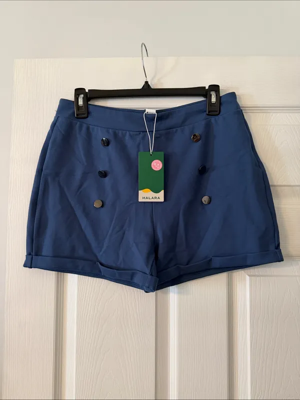 HALARA Blue High-Waist Double-Button Shorts size L more like M inseam 3” - Image 2