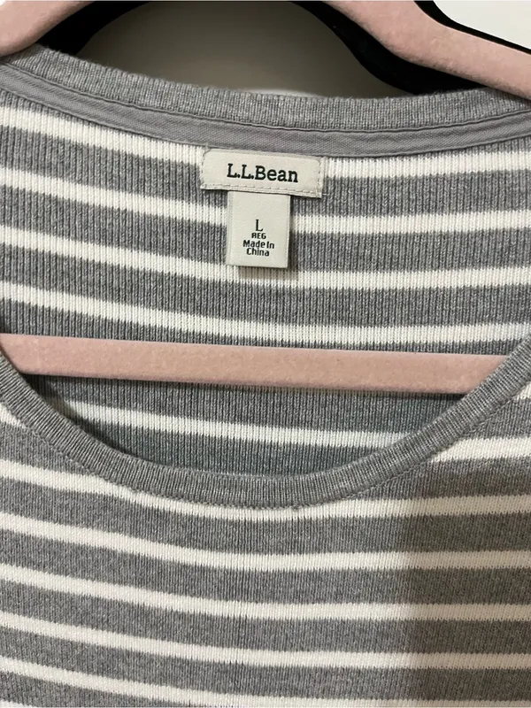 L.L. Bean Gray and White Striped Crew Neck Knit Top Lighweight Sweater Sz L - Image 5