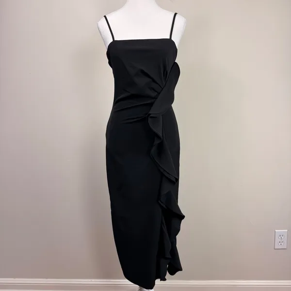 Bardot Likely Rona Ruffle Midi‎ Dress Square Neck Black Cocktail Dress 4/XS - Image 4