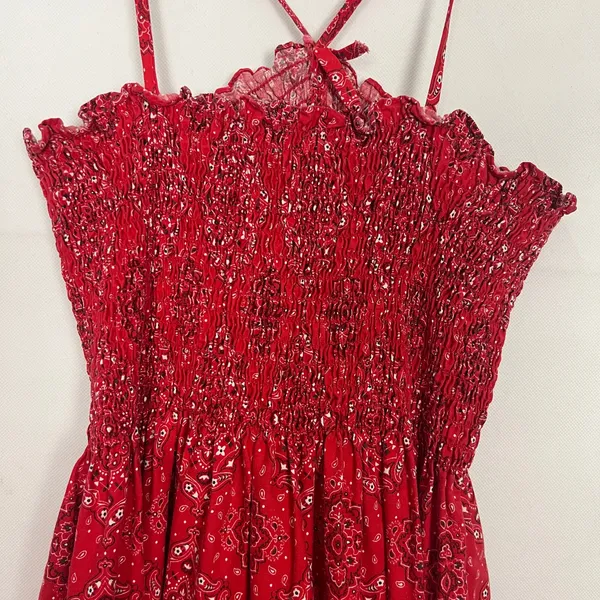 Women's Handkerchief Print Smocked Red Maxi Dress Size S/M - Image 12