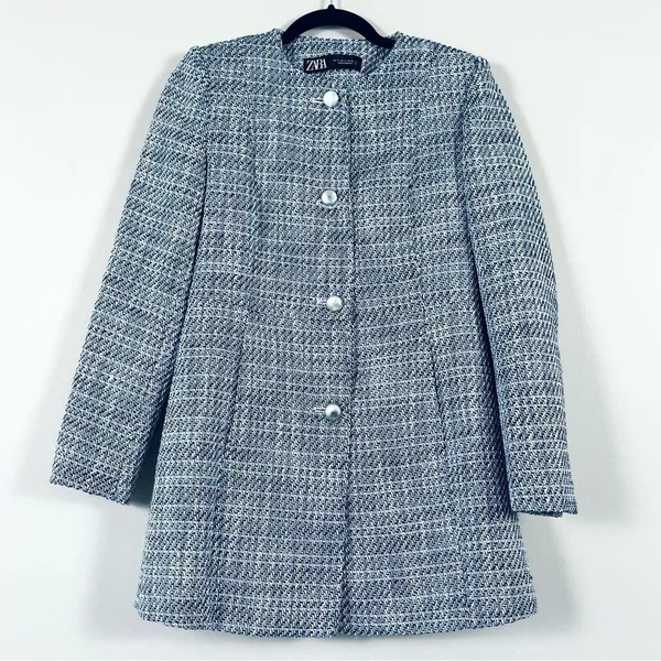 ZARA Long Structured Tweed Button Down Blazer Coat Small - Image 5