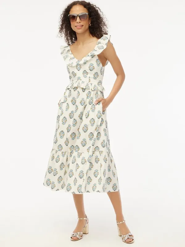 NWT J. Crew Size 8 Blue White Tiered Ruffle Floral Medallion Midi Dress NEW - Image 2