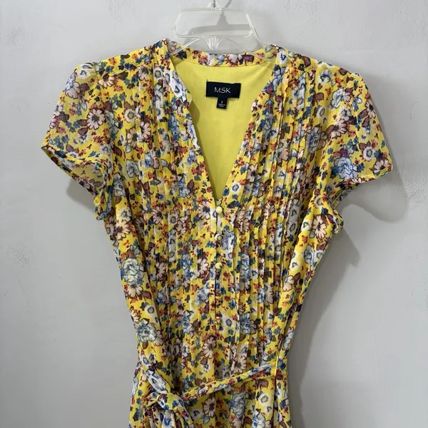 MSK dress Yellow Floral Knee Length‎ Dress 8 Short Sleeve Tie Waist Cottagecore - Image 4