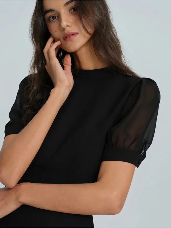 Rihoas Black Mock Neck Elegant Black Puff-Sleeve Mini Dress - Image 5