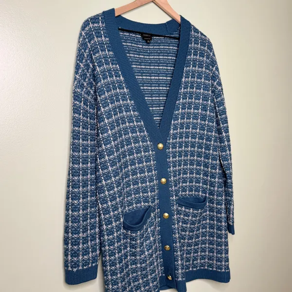 Talbots Merino Wool V Neck Cardigan Sweater Texture Plaid Blue White Size Medium - Image 5
