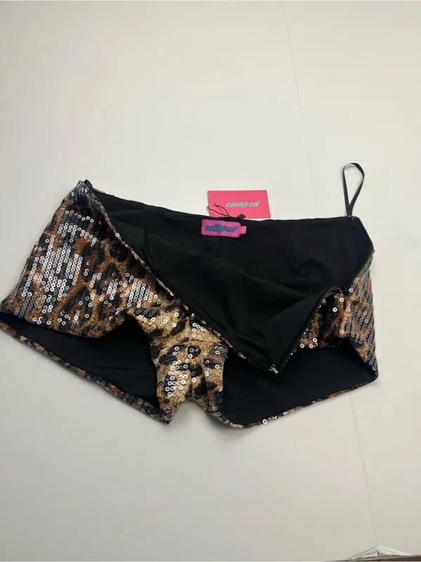 Edikted Sequin Leopard Print Micro Shorts Brown Black Womens Small Stretch NEW - Image 12
