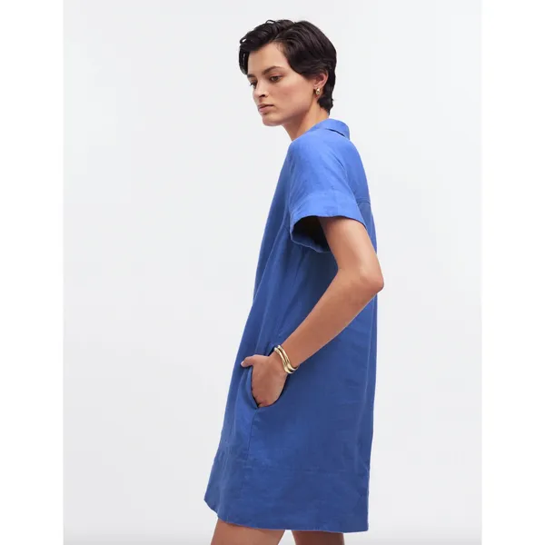 Madewell V Neck Mini Dress Linen Blue Pockets Easy Shift Relaxed Coastal XS NWT - Image 4
