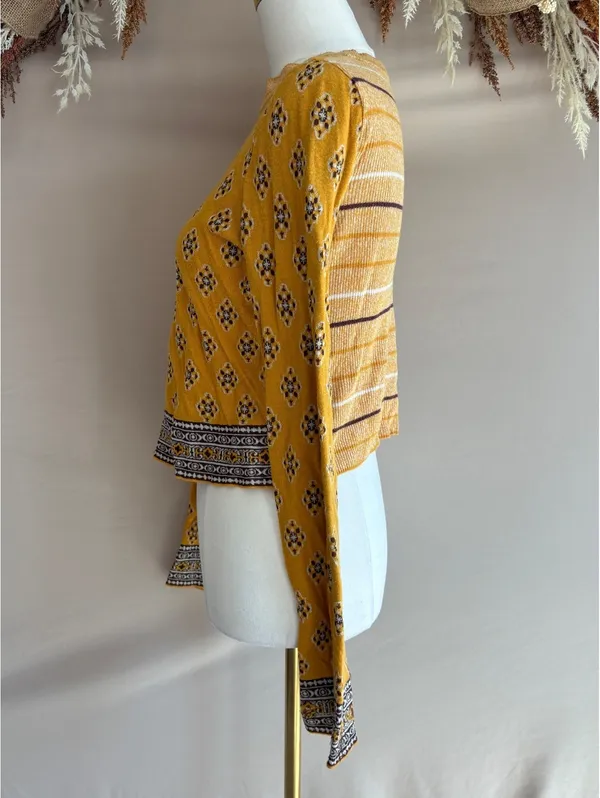 Free People Women's XS Yellow Patterned Long Sleeve Knit Sweater - Image 3