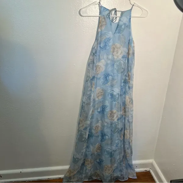 Vintage Express Tricot Women's Size XS Maxi Dress Light Blue Beige Floral - Image 6