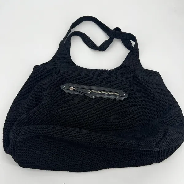 The Sak black crochet shoulder bag woven waffle knit fun interior outer zipper - Image 8