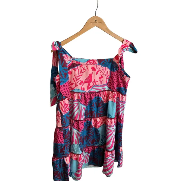 Umgee Womens Tropical Bird Print Tiered Mini Dress Pink Blue Tie Strap‎ Medium - Image 4