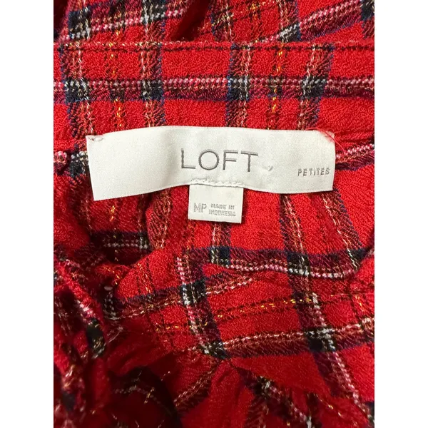 Loft Petites Red Plaid Metallic Peplum Blouse Tie Neck MP - Image 4
