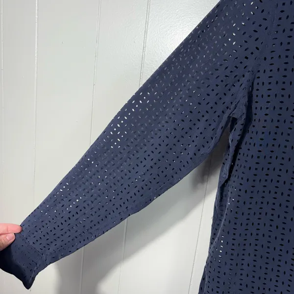 Equipment Femme Navy Blue Perforated 100% Silk Long Sleeve Sheer Blouse Minimal - Image 2