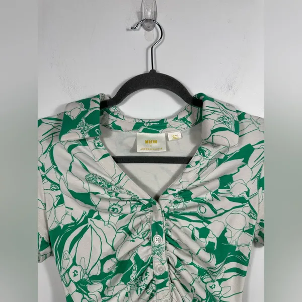 Maeve Anthropologie Green‎ Floral Ruched Button Front Top Size Small Collared - Image 5
