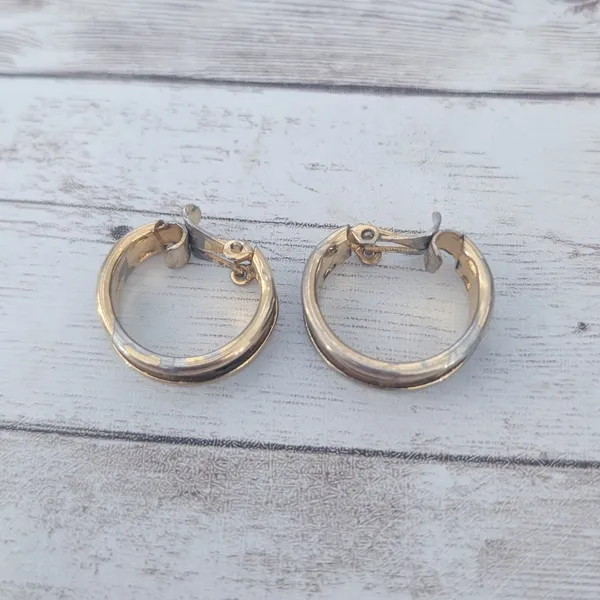 Vintage Clip On Earrings Large Hoops with Center Design - Damaged - Image 9